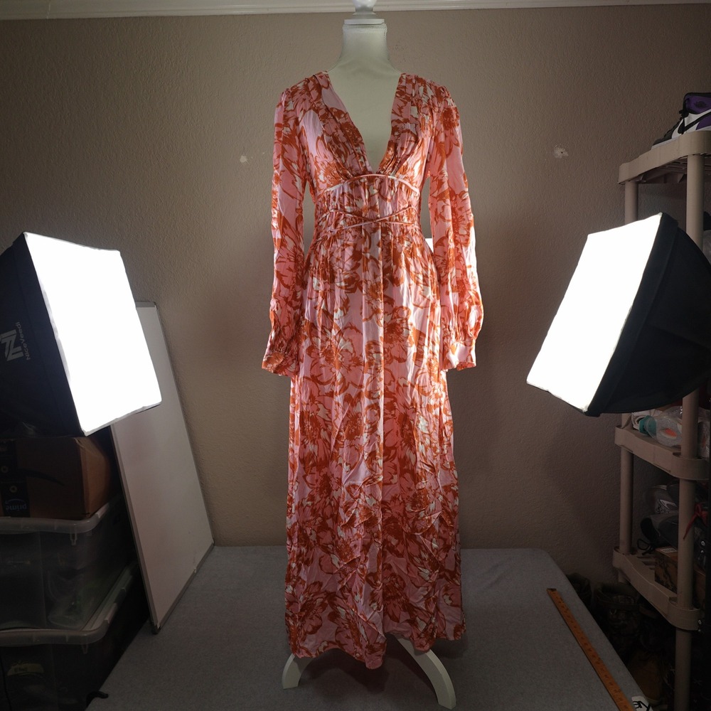 Hello Molly Dress Womens 6 Pink Red Floral Boho V-Neck Long Sleeve Maxi Romantic